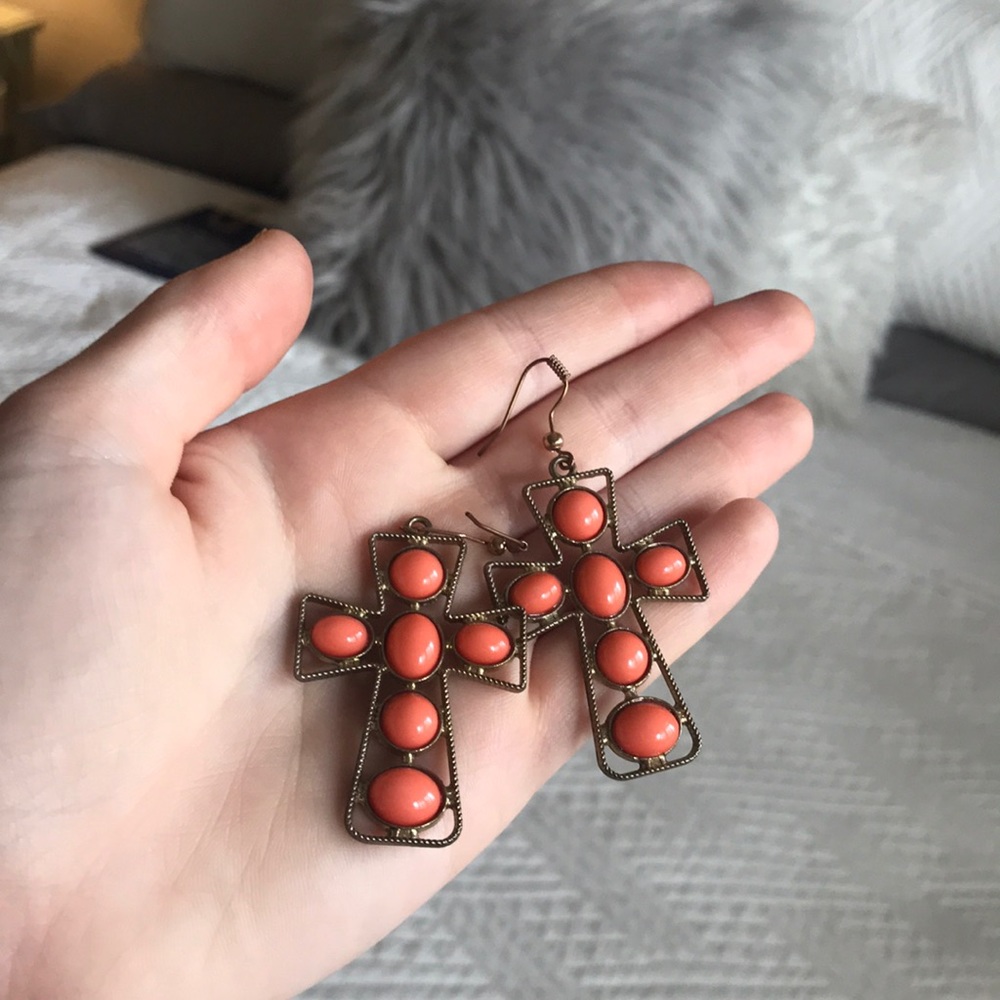 Orange Cross Dangle Earrings